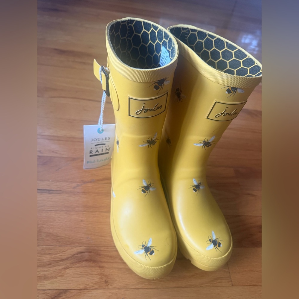 NWT Joules Yellow Bee-Pattern Mid-Height Rain Wellies, Size 6